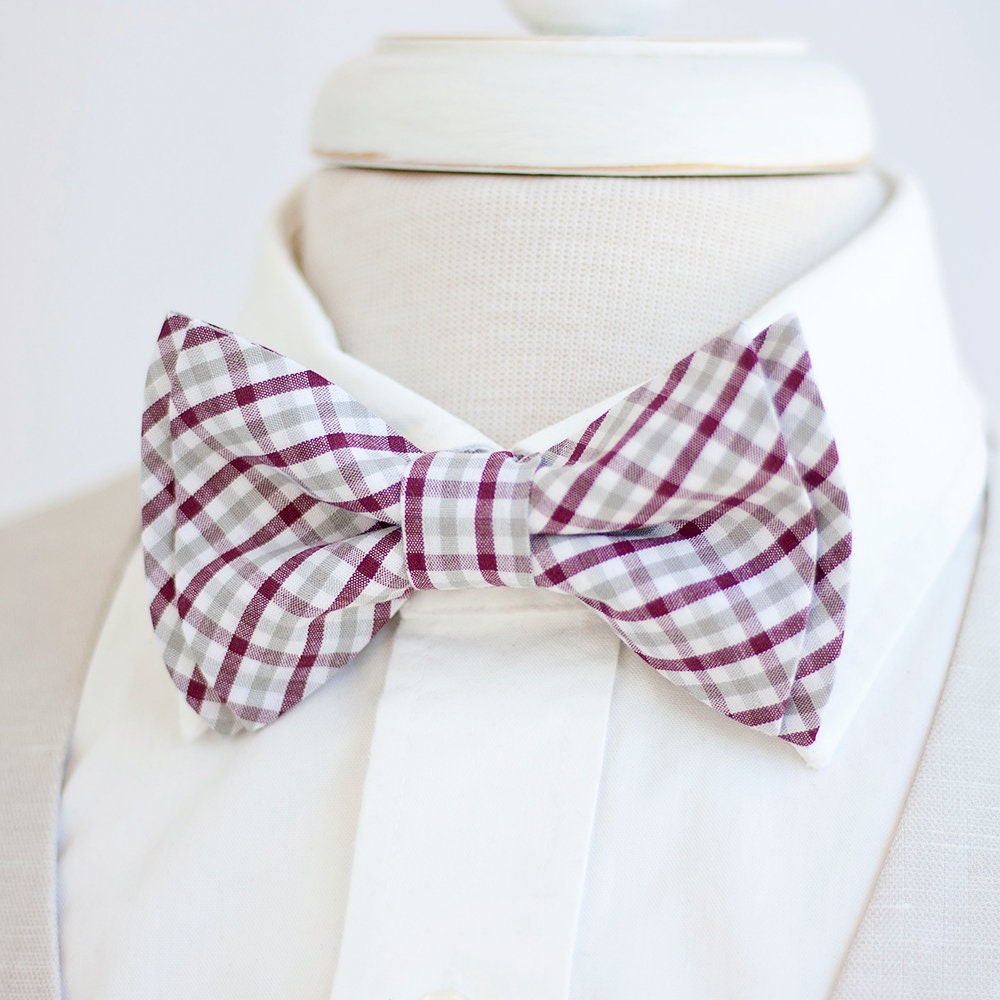 Bow Tie, Mens Bowtie, Bowties, Ties, Groomsmen Wedding Plaid Ties - Grey & Burgundy