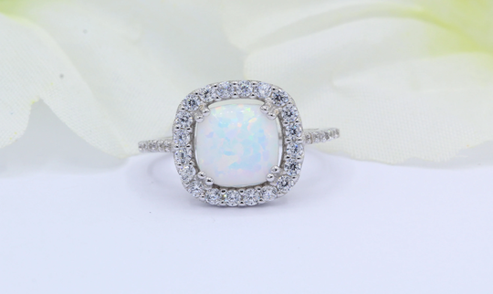 Halo Princess Cut Lab White Opal Infinity Shank Wedding Engagement Bridal Ring Vintage Art Deco Cz Solid 925 Sterling Silver Cushion