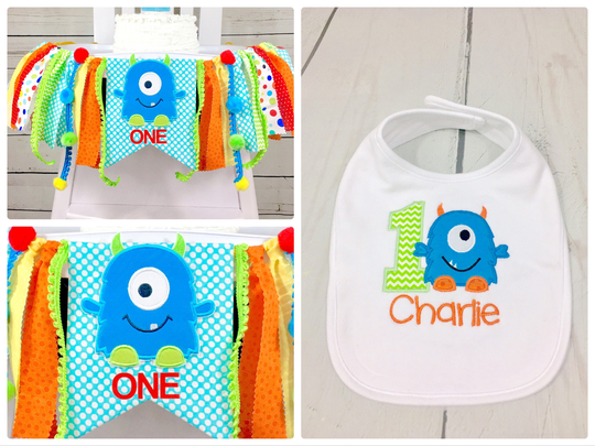 Monster 1st Birthday High Chair Banner, Bib, Boy Highchair Fabric Cake Smash Wall Garland, Decor