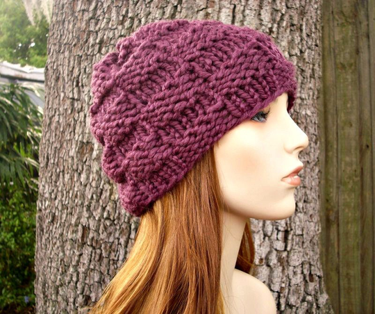 Chunky Knit Hat, Womens Mens Winter Cap, Beanie, Basket Weave Fig Purple