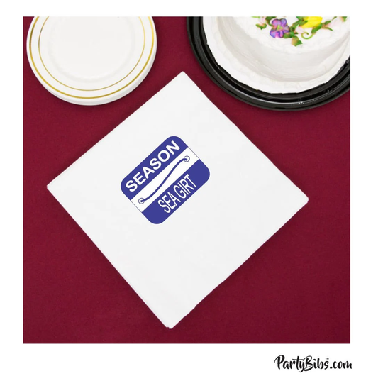 Sea Girt Beach Badge Napkins, Pack Of 25, Beverage Cocktail Size, White With Imprint-Great For Parties