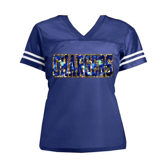 Chargers Royal Blue & Gold Glitter Football Jersey, Los Angeles Or Choose Team, Women's Mesh V-Neck Shirt