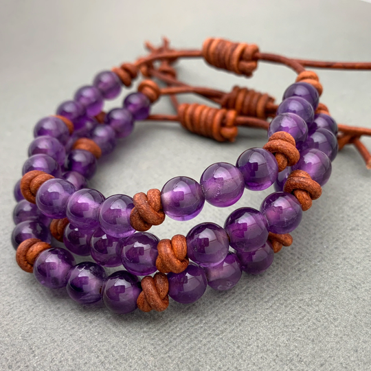 Amethyst Crystal & Leather Gemstone Stacking Bracelet