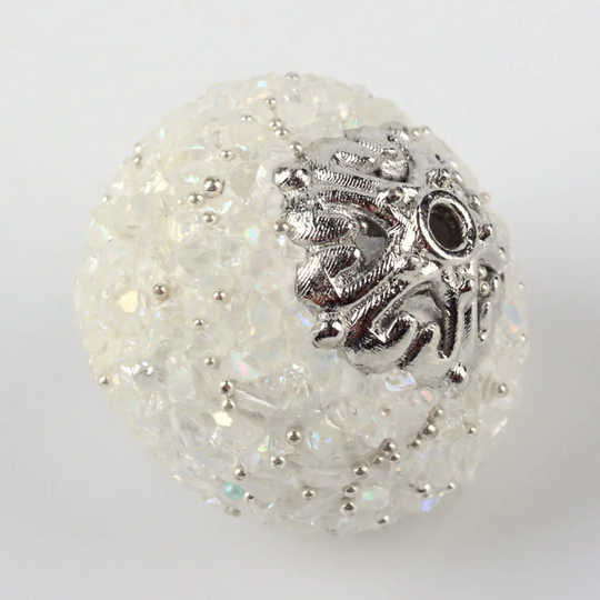 New 2/Pc Matching White/Silver Glitter Sparkle Jesse James Beads Fancy Rhinestone Embellished Boho 20mm Loose Lot 1.5mm Hole