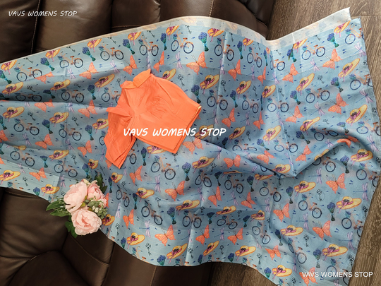 Unique Digital Prints Blended Kota Silk Saree Along With Contrast Matching Blouse Size 36 Extends To 42 Ready To Ship From Texas, Usa