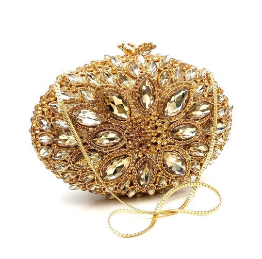 Bridal Wedding Clutch, Cognac Brown Crystal Rhinestone Oval Party Crystal Evening Clutch