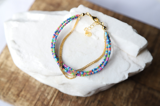 Multi Colored Seed Bead Bracelet With Gold Chain, Strand/Please Ask For Wholesale Prices Sbb-05