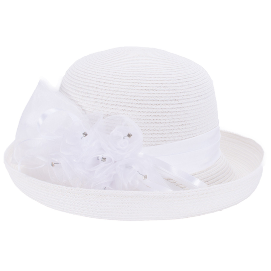 1Pcs White Upturned Brim Womens Floral Straw Church Wedding Bridal Hat T423