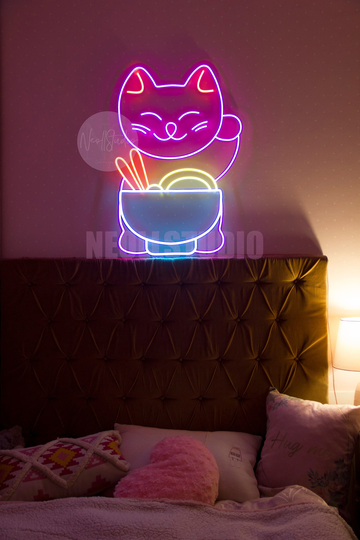 Fortune Cat Eat Ramen - Led Neon Sign, Custom Neon, Light