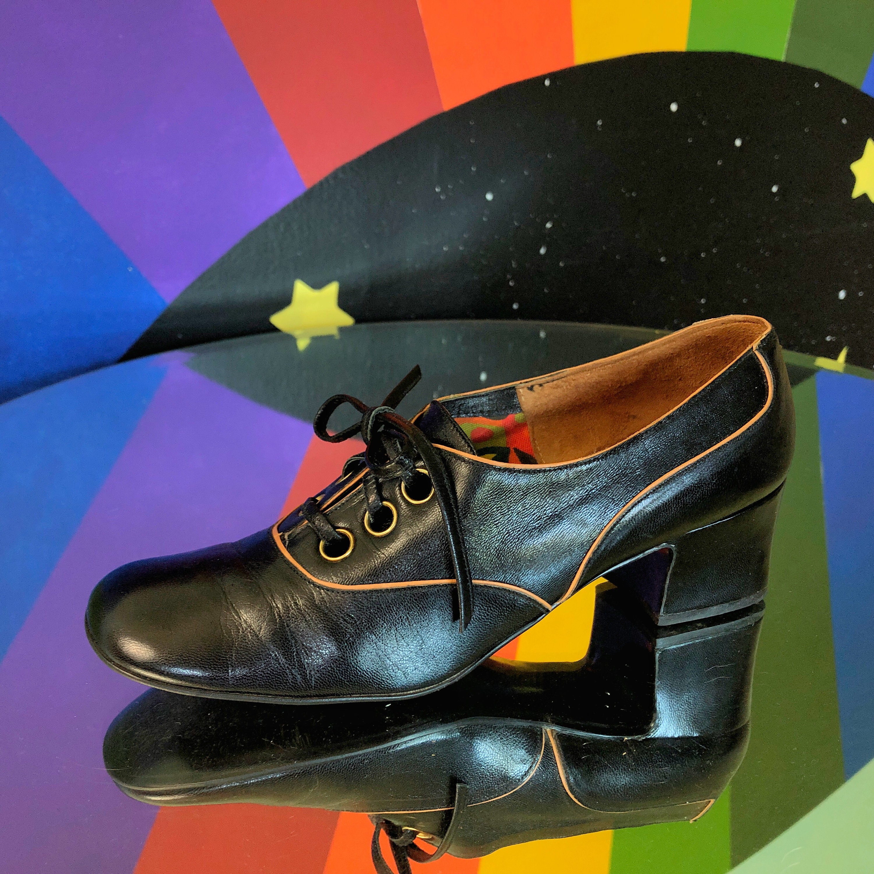 6 Us - 1960S Mod Pump Collectible Rare Vintage Shoes Black Groovy 60S Babe Footwear