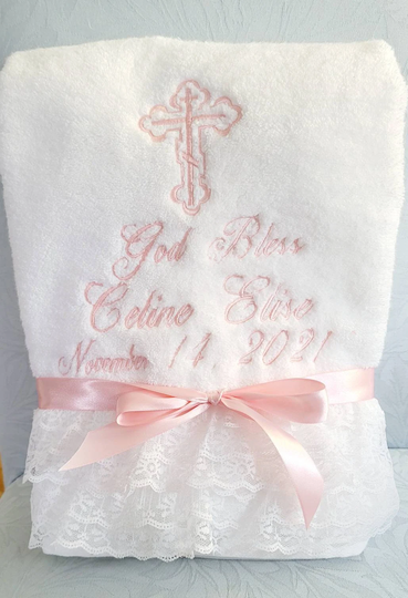 Personalized Baptism Towels & Oil Sheet For Greek Orthodox Baptism, Bath Towel, Embroidered Lace