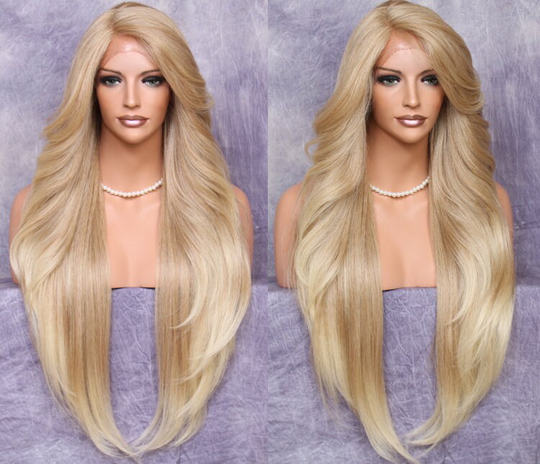 Luscious Human Hair Blend Full Lace Front Wig Feathered Sides Long Swept Bangs Natural Side Part in Blonde Mix Color Cancer Alopecia Cosplay