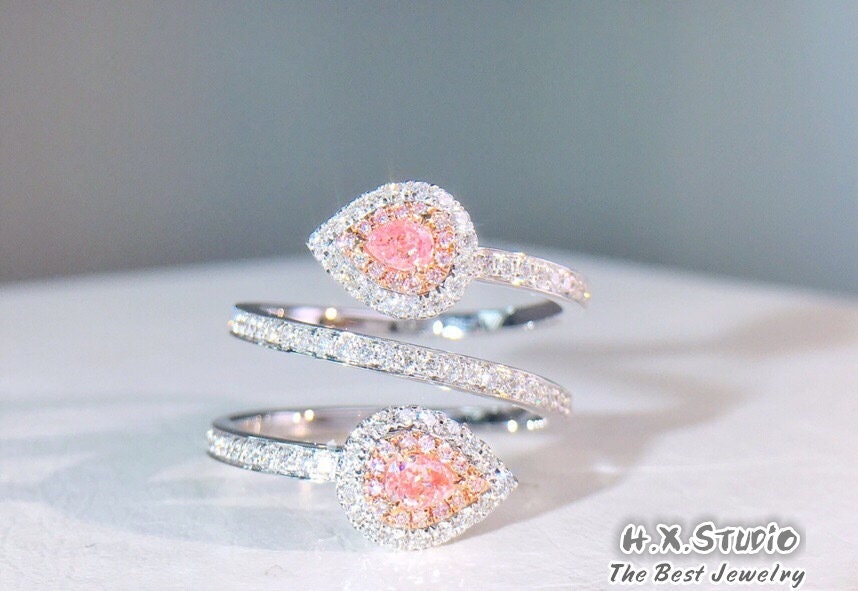 Pink Diamond Double Head Wrap Ring in Solid Two Tone 18K Gold/Custom Jewelry/Personalization Design/Gift For Women & Girls