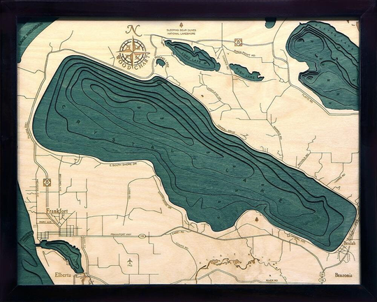 Crystal Lake Art | Map Wood Chart Water Depths Topograhic Michigan Up North