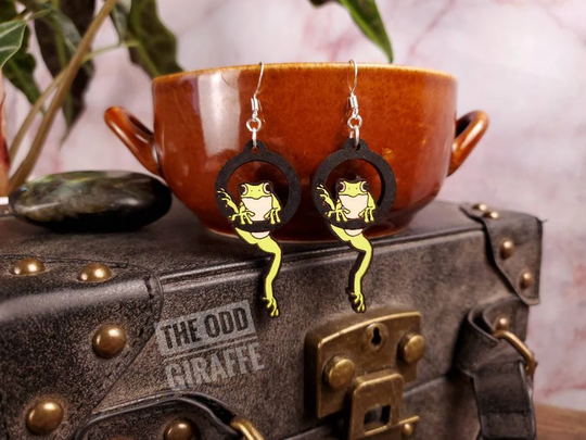 Maurice The Tree Frog. Laser Engraved Handpainted Wood Frog Hoop Illustrated Earrings. Black Hoop