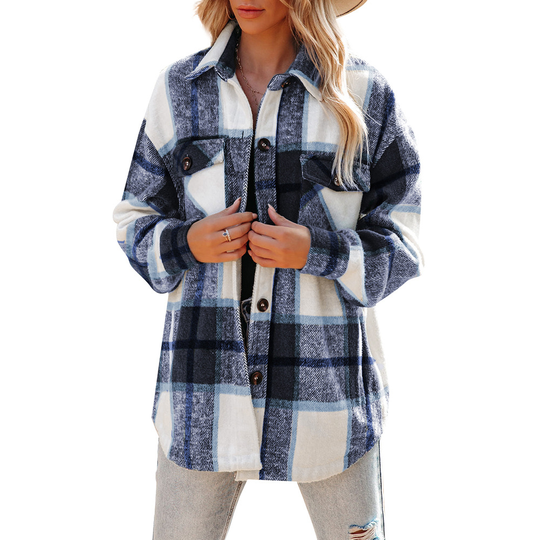 Womens Casual Plaid Shacket Wool Blend Button Down Long Sleeve Shirt Fall Jacket Shackets - navy blue, S