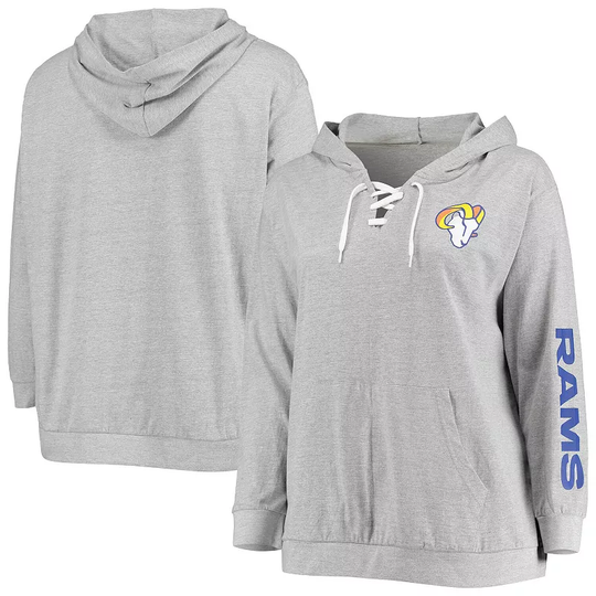 Women's Fanatics Branded Heathered Gray Los Angeles Rams Plus Size Lace-Up Pullover Hoodie, Size: 4XL, Grey