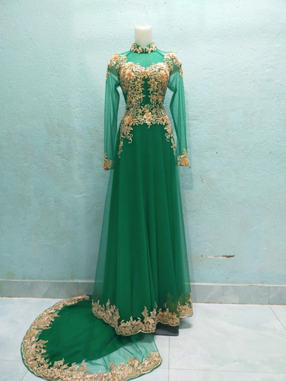 Green Ao Dai Co Dau, Vietnamese Traditional Long Wedding Dress With Pants, Chiffon & Mesh Fabric, 2 Layers