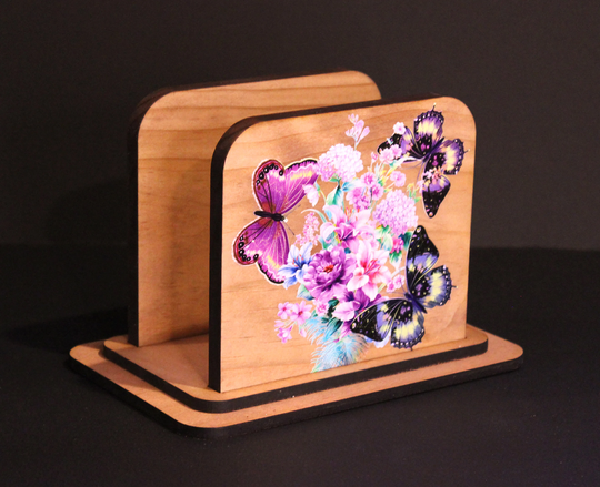 Unique Purple Floral Bouquet With Butterflies Napkin Holder Using Solid Pine Wood & Maple Mdf Beautiful Art Uv Printed On Both Sides
