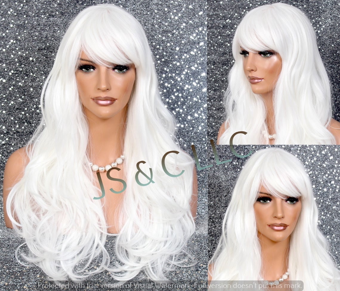 Snow White Human Hair Blend Wig Heat Safe Full Bangs Long & Wavy Cancer Alopecia Theather Cosplay