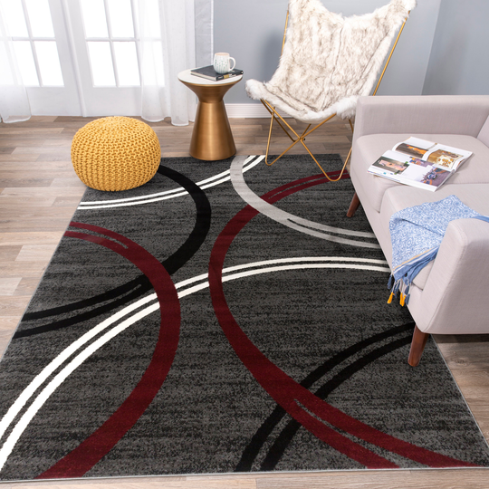 Wrg Modern Abstract Circles Design Red Area Rug
