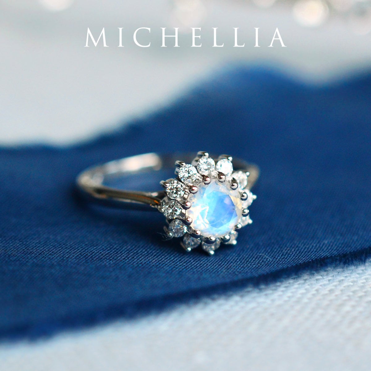 Rosalie Moonstone Engagement Ring, Vintage Bloom Diamond Diana Style Halo Wedding Gift For Her 14K 18K Rose Gold Platinum