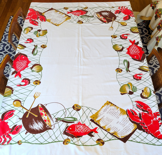 Chp Bouillabaisse Tablecloth, 50" Sq, California Hand Prints Fishnet, Lobster, Crabs Recipe, Seafood, Cauldron, Gently Used & Washed