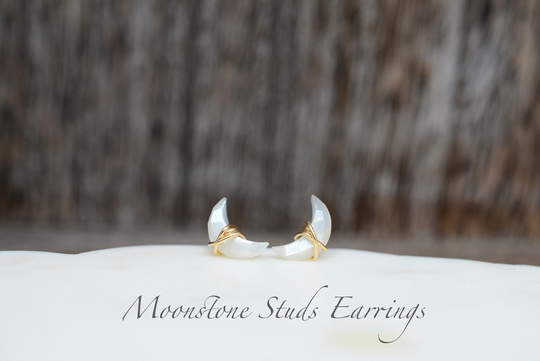 White Moonstone Studs | Earrings June Birthstone Crescent Moon Grey
