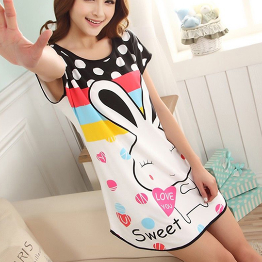 Nightgown Cartoon Rabbit Print Breathable Cotton Blend Polka Dotted Sleepwear for Women