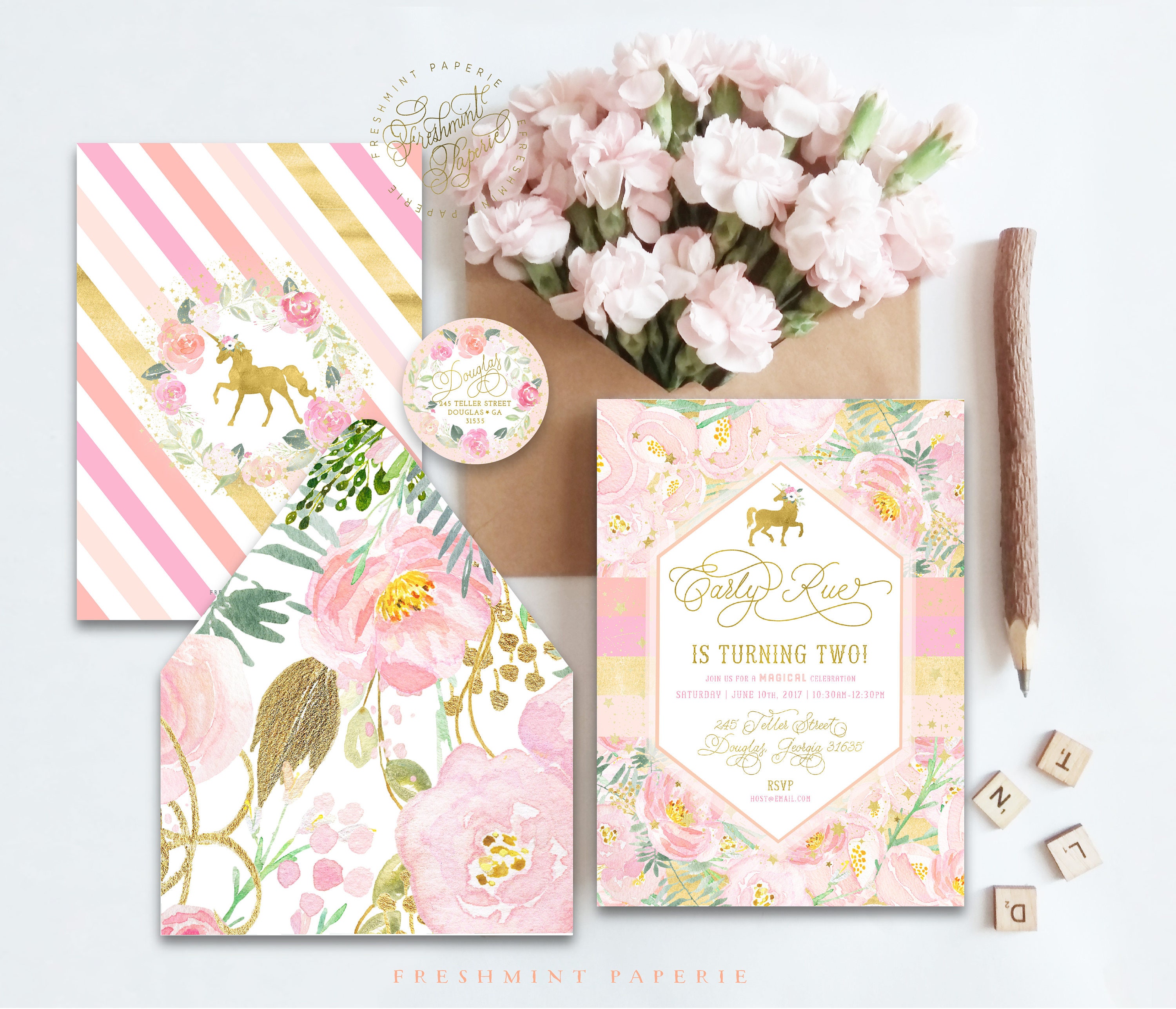Unicorn Invitation - Magical Unicorn Floral Rainbow Party Freshmint Paperie