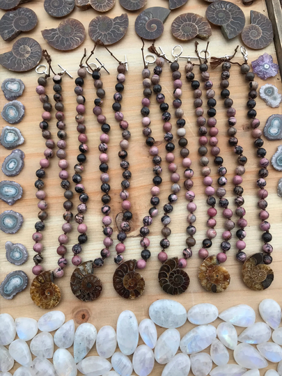 Hand Knotted Crystal Necklace // Ammonite & Rhodonite Gemstone 16" Long