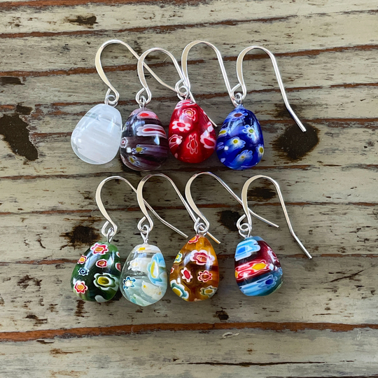 Millefiori Murano Earrings, Glass Drop Muticolor Modern Silver Backing