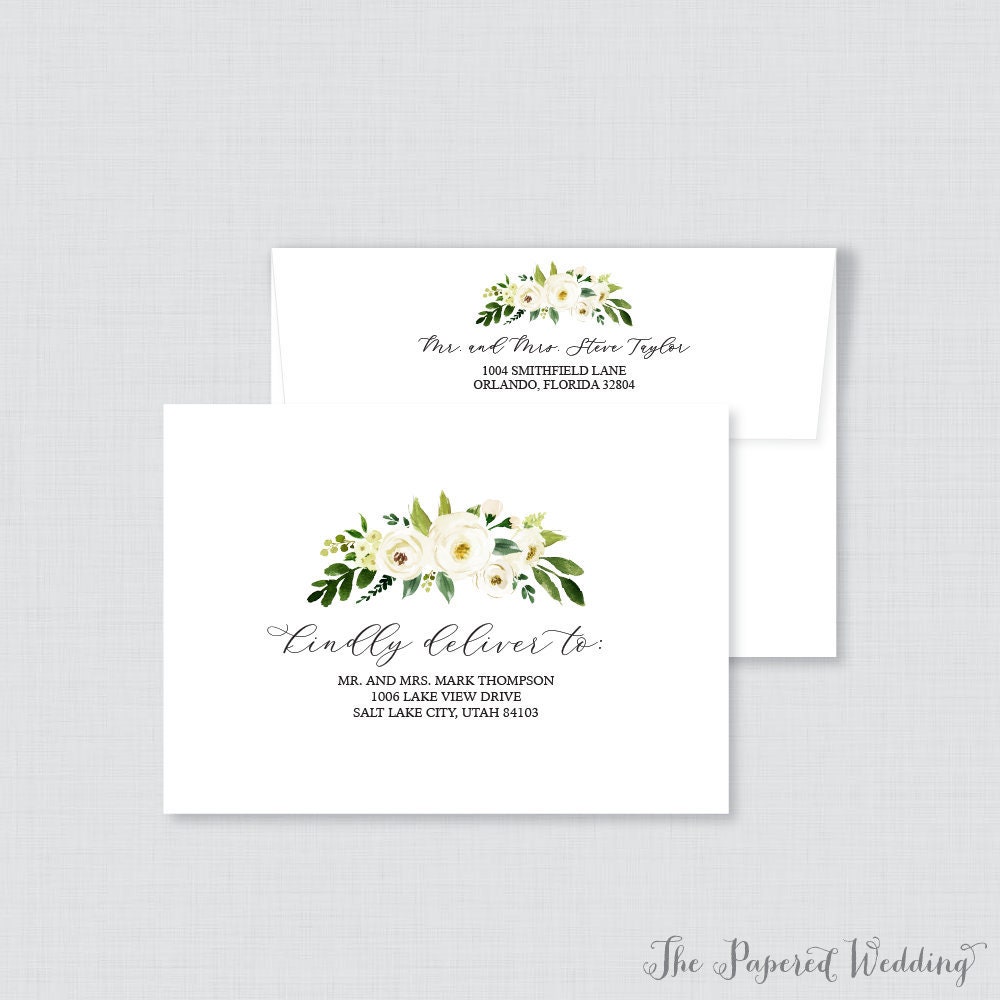 White Flower Wedding Envelopes - Printed With Green Leaves & Flowers Floral Custom Envelope 0020