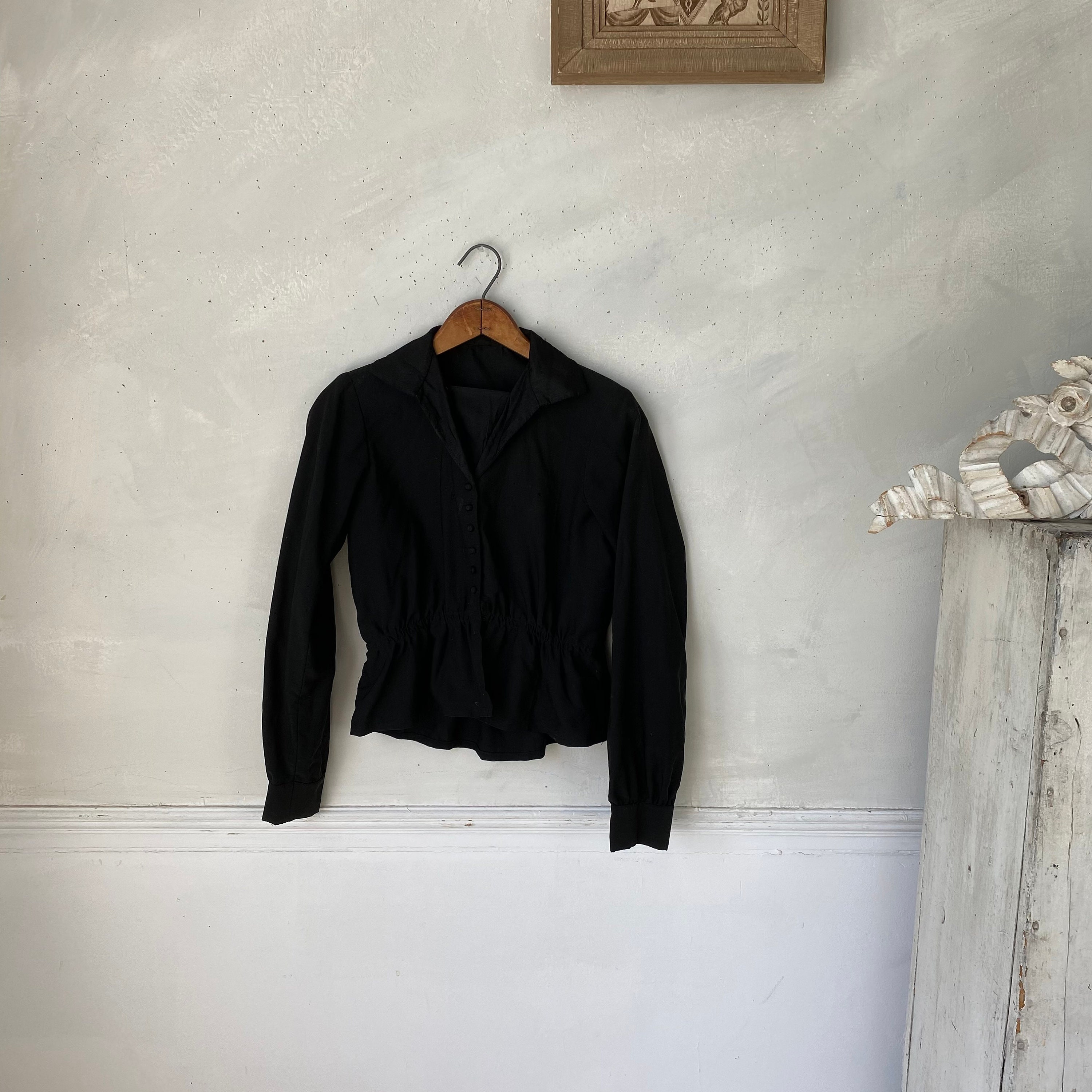 Flattering Wool Blend 1910-1920 Black Bodice French Antique Clothing Workwear Work Wear