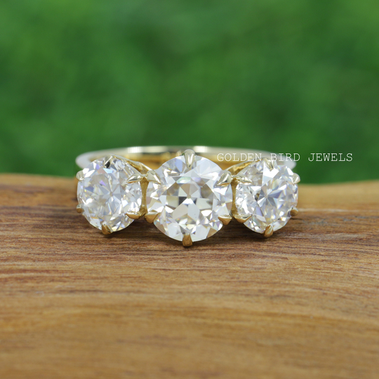 6.50 Tcw Oec Round Cut Near Colorless Moissanite Ring/ Old European Three Stone Engagement Antique 14K Yellow Gold Ring