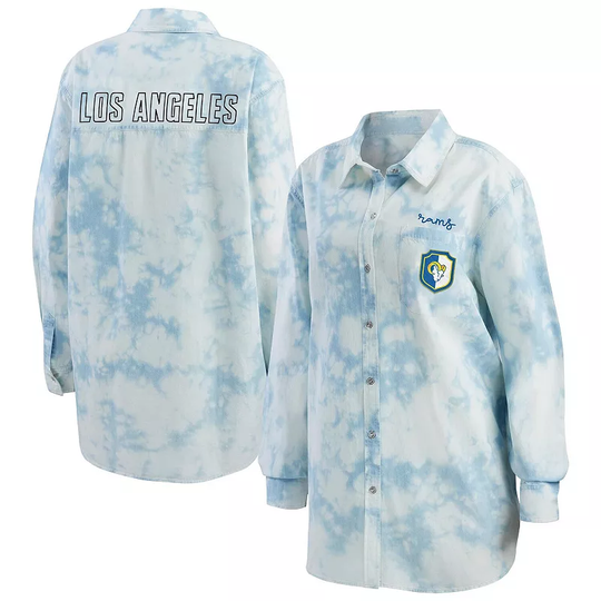 Women's WEAR by Erin Andrews Denim Los Angeles Rams Chambray Acid-Washed Long Sleeve Button-Up Shirt, Size: 2XL, LAR Turquoise A