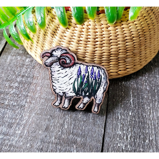 Lavender Ram Sheep Brooch, Needleminder; Knitting Stitching Nature Animal Retro Vintage Cameo Wood Lapel Coat Hat Pin