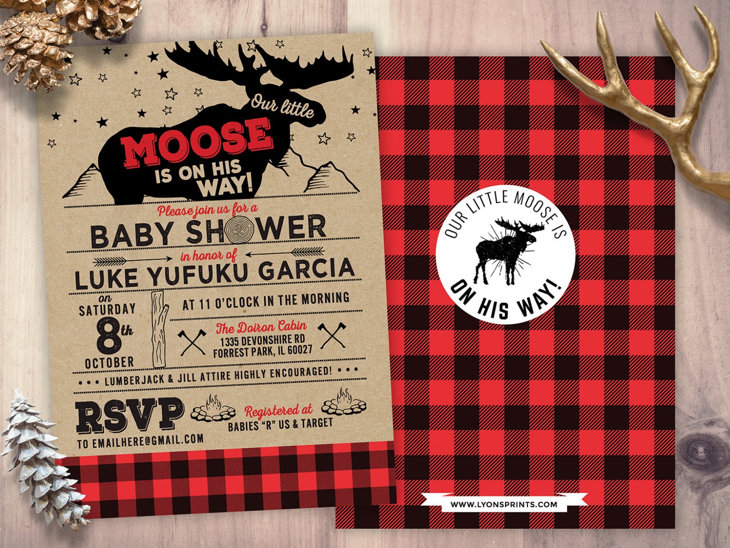 Lumberjack Baby Shower Invitation, Digital File Only, Buffalo Plaid Woodland Invite, Gender Neutral, Moose