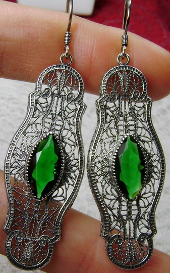 Emerald Earrings/ Sterling Silver/ Marquise Cut Simulated Green Gemstones, 1920's Art Deco Silver Iris Filigree [Custom Made] Design#e2