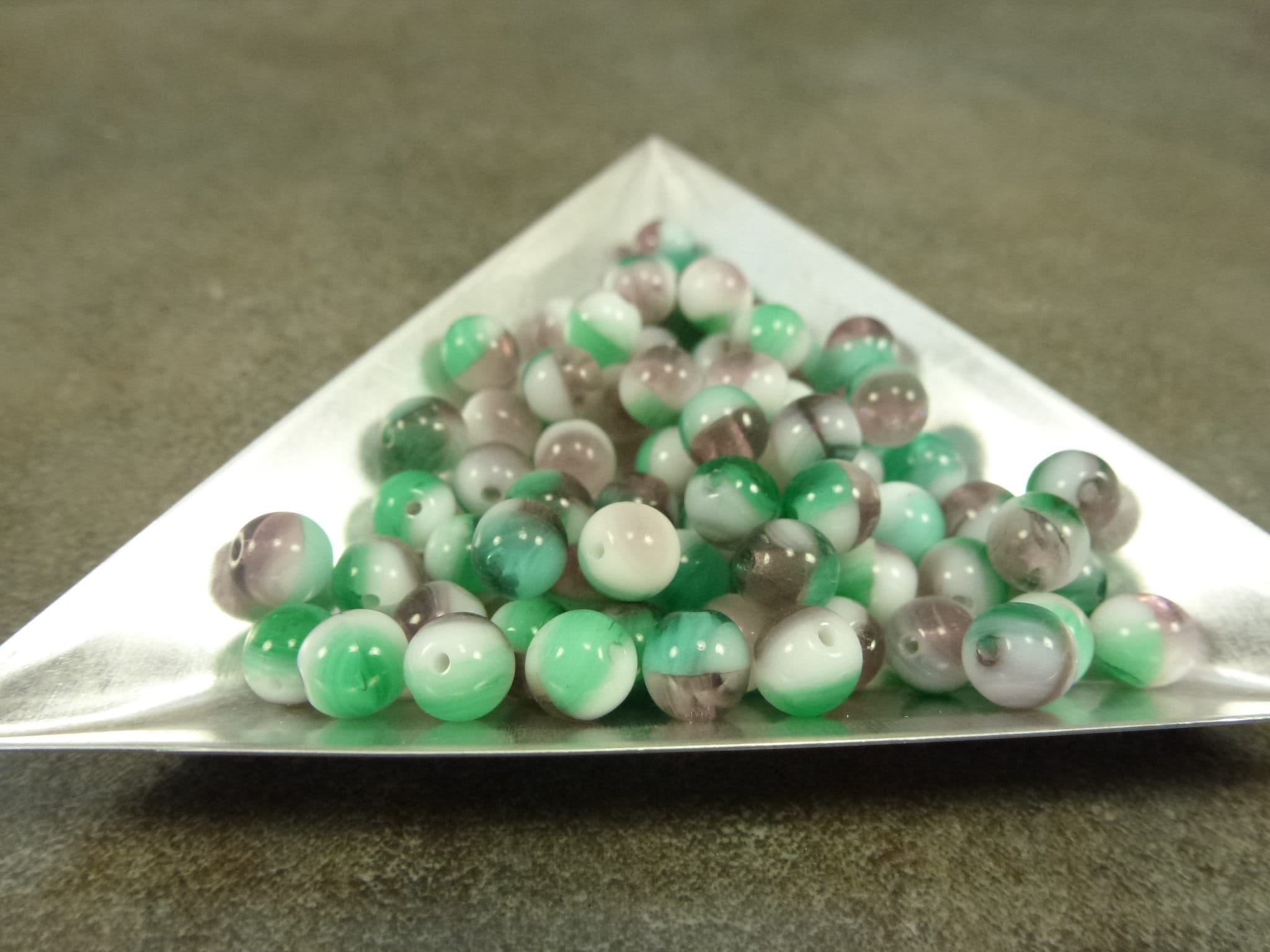 Round Beads, Wisteria Blend, Czech Glass Smooth Druk, 6mm, 50Pc, Purple Green White Tri Color