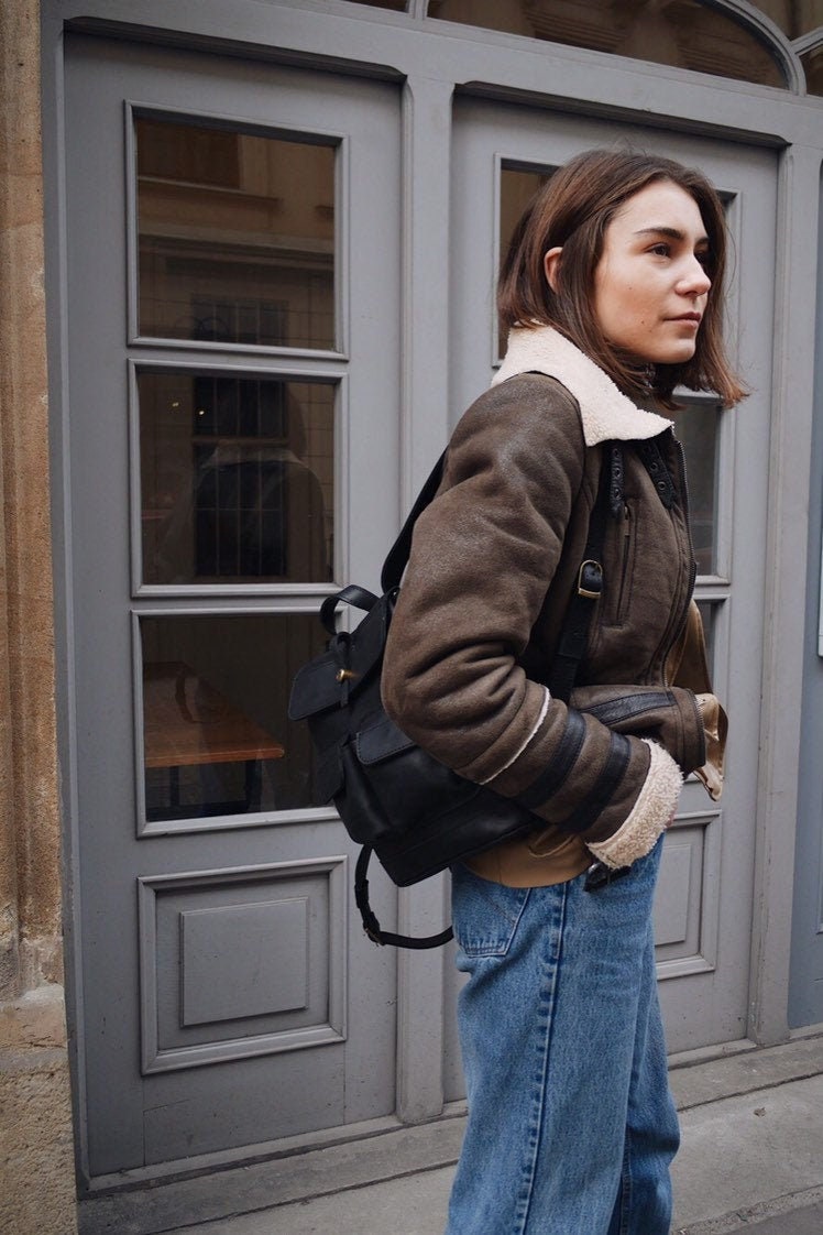 Small Leather Backpack/Baby Citi Backpack Handcrafted Mini Leather Rucksack With Two Front Pockets Black Bag