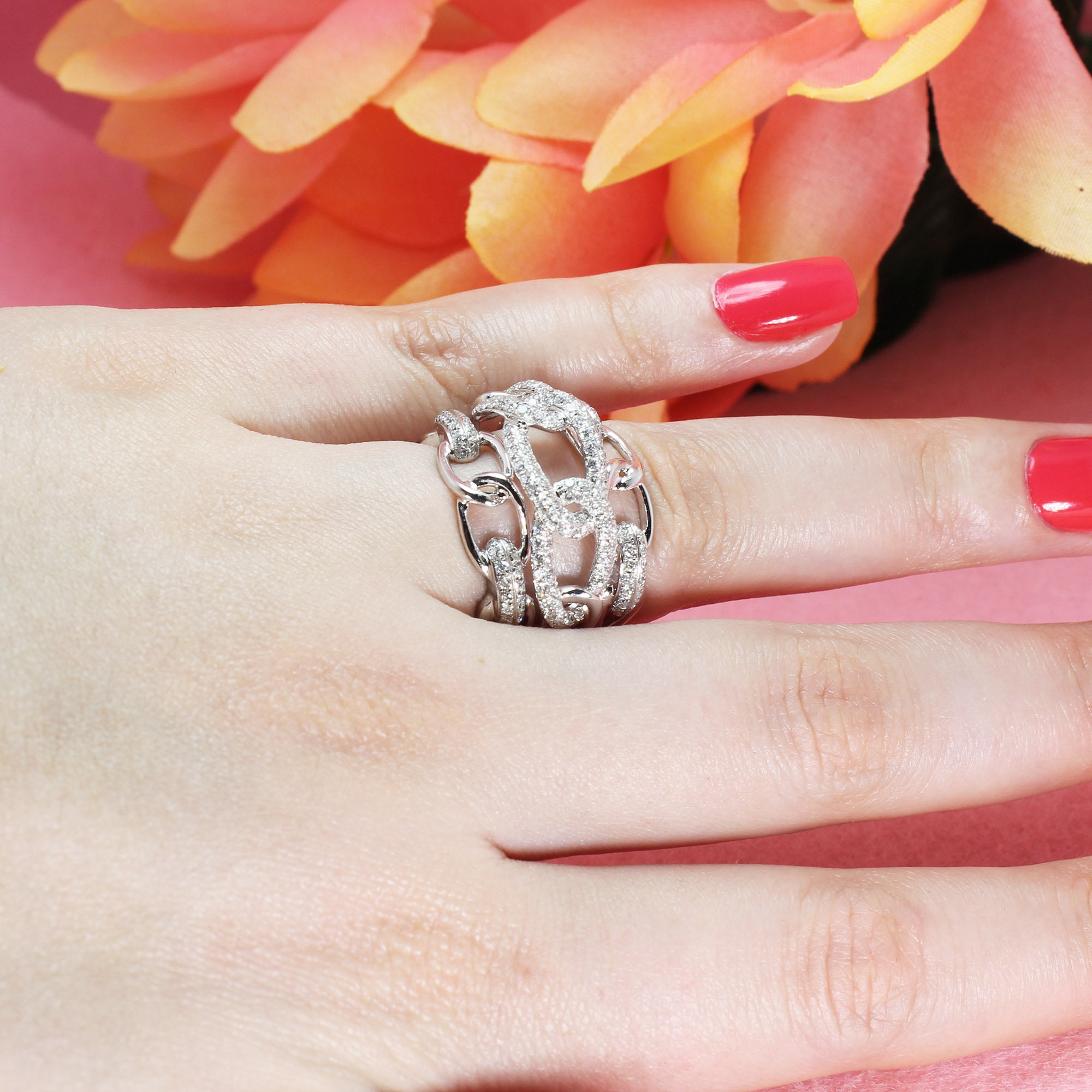 1.32 Ctw. Diamond Anniversary - Statement Ring 18K White Gold | Pave Set Right Hand Chain Ring| Style