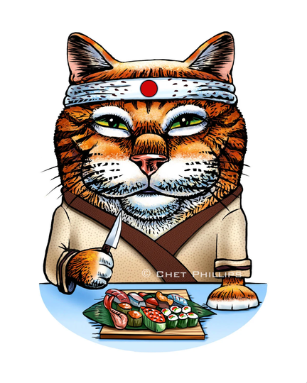 Konnichiwa - 8" X 10" Cat As Sushi Chef Art Print - Whimsical Wall Decor