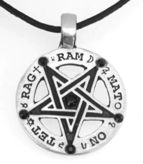 Pewter Inverted Pentagram Tetragrammaton Runes Pendant With Swarovski Black Onyx Crystal | 55C
