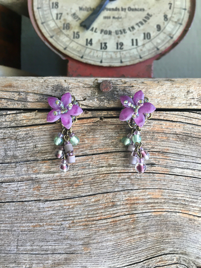 Cha Earrings/Orchid Flowers Floral Dangle Beads Post Silver Tone