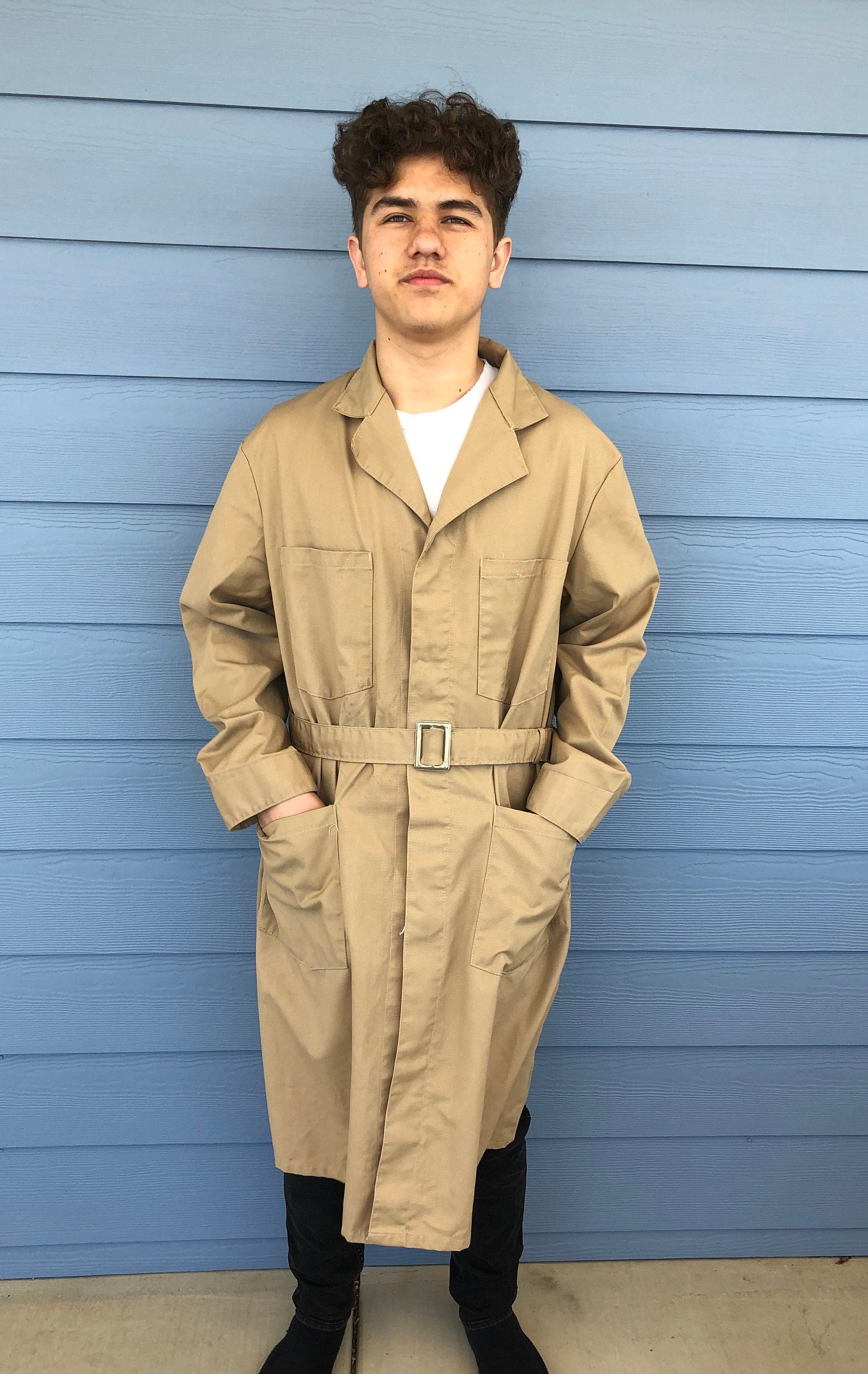 Vintage Mens Tan Cotton Blend Long Sleeve Belted Work Mechanics Lab Trench Coat Jacket Union Made Size 40-Mens Lab Coat, Trench Coat