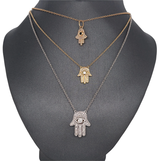 14K Gold, White Diamond, Hamsa, Hand Of God, Charm, Cable Link Chain, Necklace