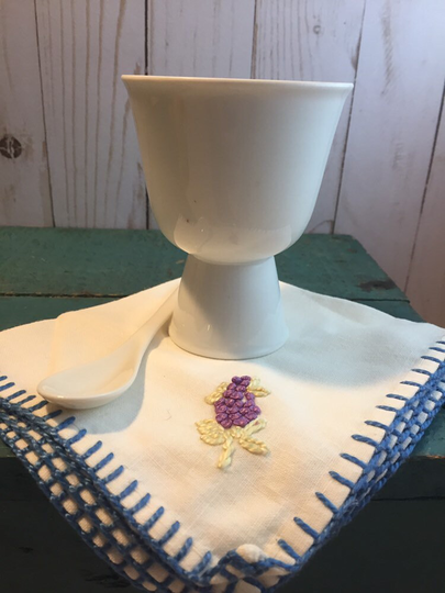 Vintage Egg Cup, German Stoneware Double Blue Blanket Stitch Napkin With Grape Motif, Spoon, Housewarming Gift