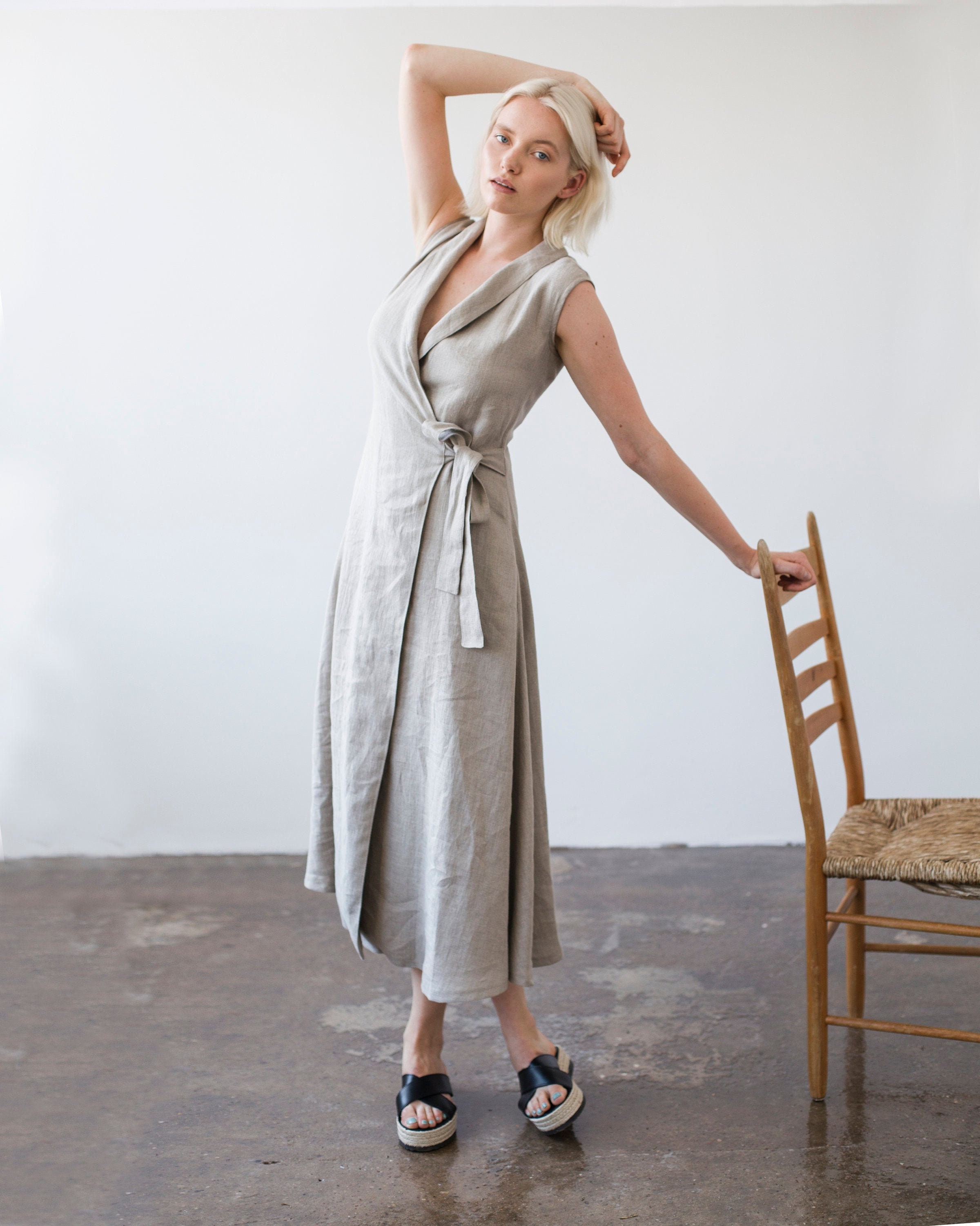 Wrap Maxi Dress Serena, Linen Wrap Dress, Sleeveless Linen