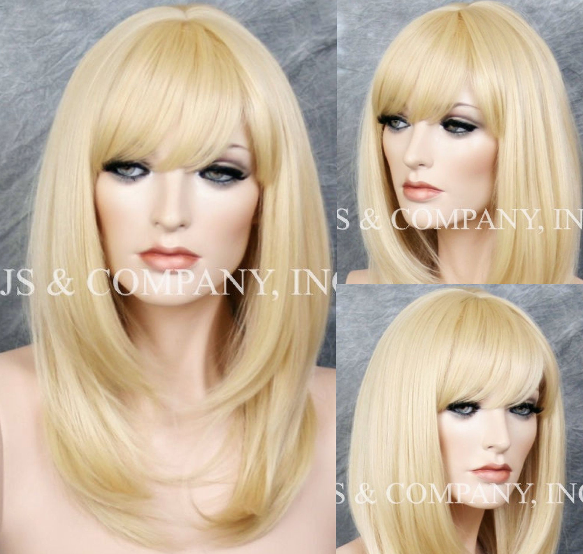 Human Hair Blend Wig Face Framing Razor Cut Bleach Blonde Heat Safe Full Bangs Center Part Straight Long Hair Cancer/Alopecia/Cosplay